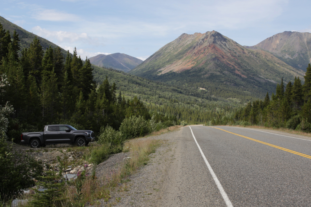 Parking at the start of a mining exploration trail on 'Middle Ridge' above Tutshi Lake, BC.